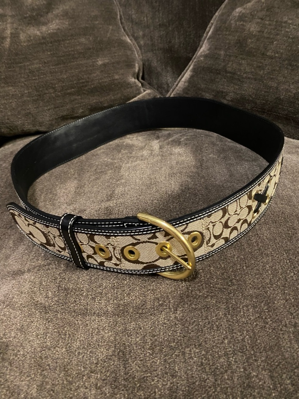 Coach Beige Canvas Logo Wide Belt with Black Trim and Gold Buckle